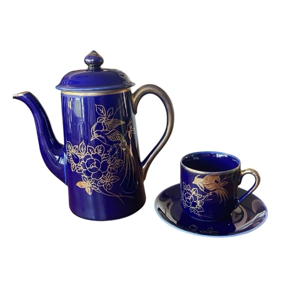 Chikaramachi Noritake Cobalt Blue Gold Bird Coffee Pot Cup Saucer Japan Vtg 40s - Picture 9 of 10